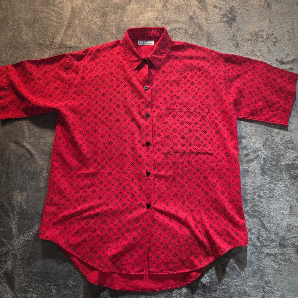 USA Vntg 90s Retro Try 1 Men L Red Black Geometric Medallion SS Button Dwn Shirt